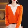 2023秋季女式针织衫套头毛衣女V领长袖假两件绒衫女 商品缩略图2