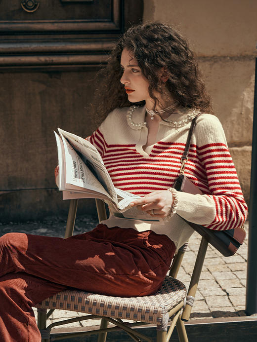 OLrain欧芮儿条纹毛衣女初秋2023年新款宽松套头上衣娃娃领针织衫 商品图0