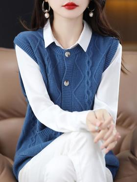 新款2023秋季韩系风日韩休闲女式马甲纯羊毛开衫圆领常规