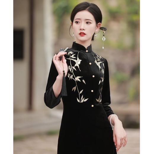 BJS-8001改良复古丝绒旗袍长款 秋季新款气质民国风绣花丝绒旗袍裙8001 商品图1