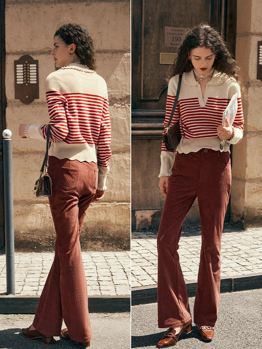 OLrain欧芮儿条纹毛衣女初秋2023年新款宽松套头上衣娃娃领针织衫 商品图3