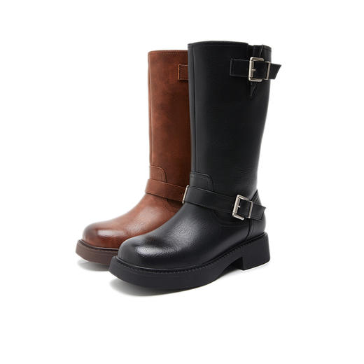 西遇机车骑士靴女新款秋冬复古美拉德宽筒中筒靴西部牛仔靴子V0034127 商品图4