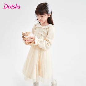 笛莎Deesha 童装女童连衣裙2023冬季新款国风翻领网纱拼接裙