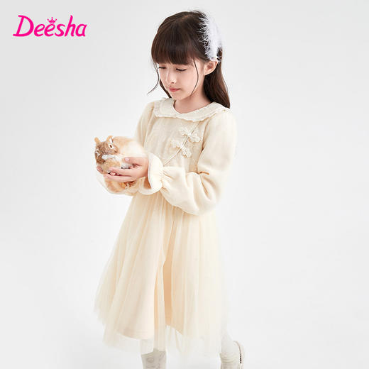 笛莎Deesha 童装女童连衣裙2023冬季新款国风翻领网纱拼接裙 商品图0