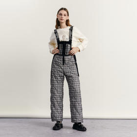 谜底羽绒背带裤女2023新款复古黑白格拼接保暖直筒长裤234MY1592
