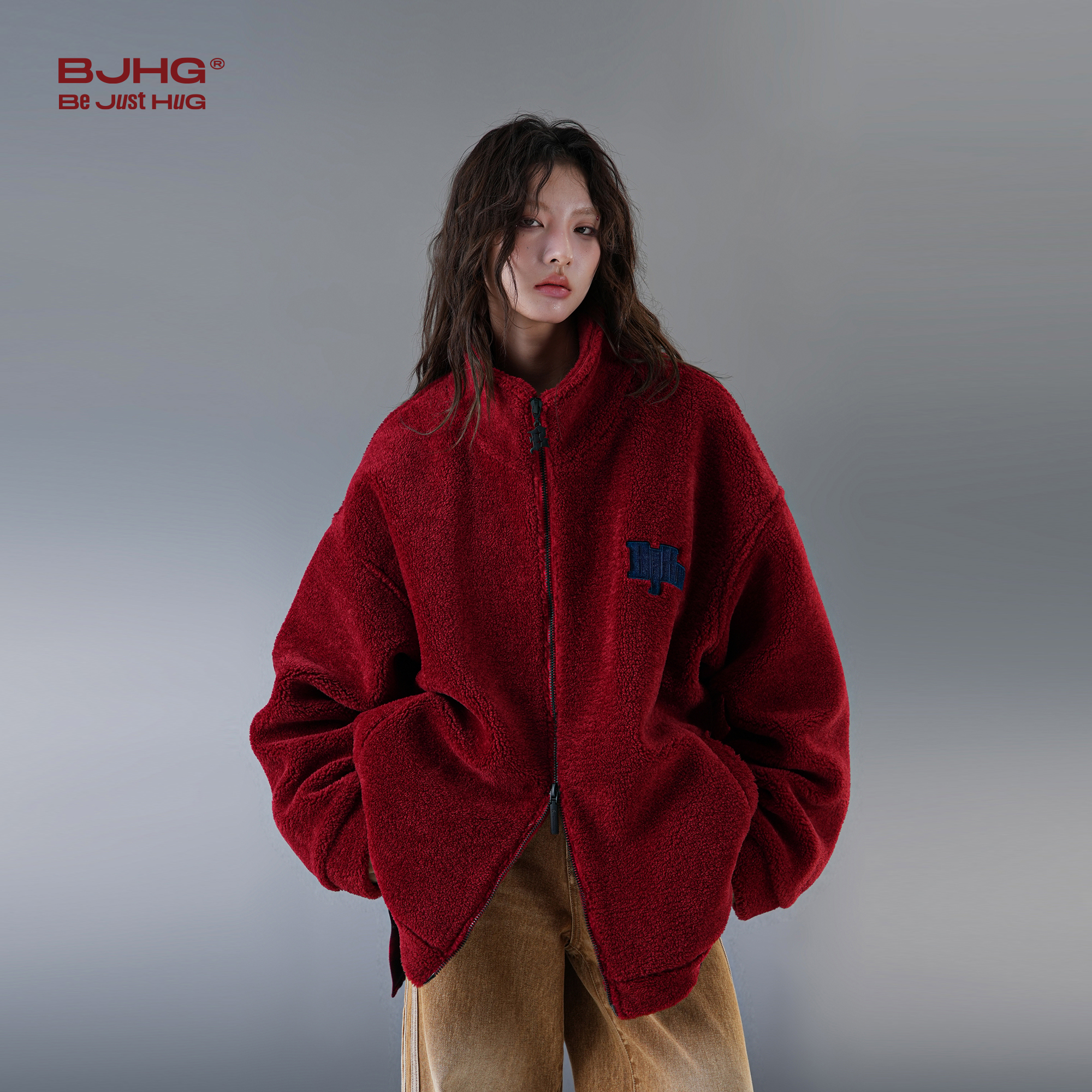 BJHG不计后果牛仔贴布仿羊羔绒宽松外套男秋冬季潮牌美式情侣棉衣