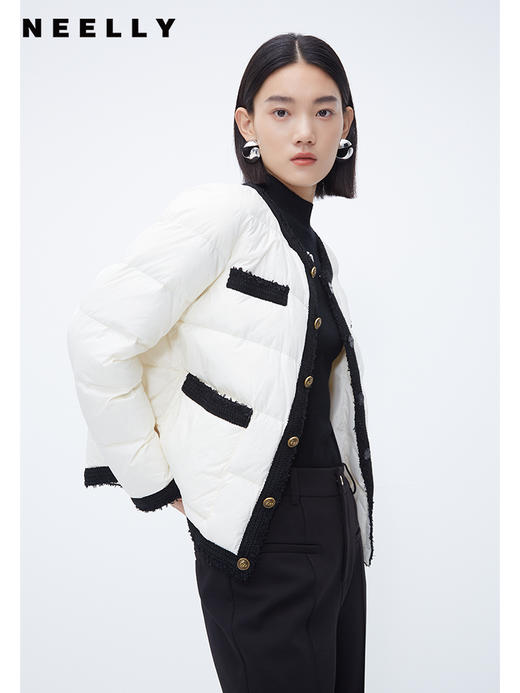 NEELLY纳俪商场同款小香风轻薄羽绒服冬季90白鸭绒黑白拼接短外套N23101L01017 商品图0