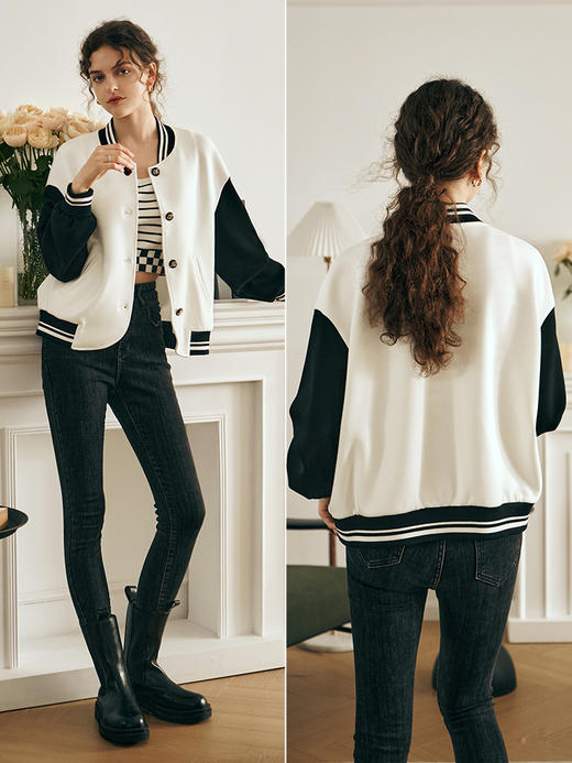 OLrain欧芮儿美式黑白色卫衣女秋装2023年新款复古棒球开衫短外套 商品图3