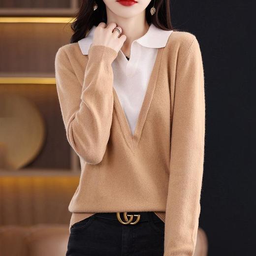 2023秋季女式针织衫套头毛衣女V领长袖假两件绒衫女 商品图1
