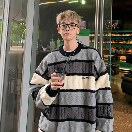 【氛围感慵懒气质男穿搭！】条纹毛衣男款，美式复古内搭针织衫，秋冬季慵懒宽松线衣外套 商品图0