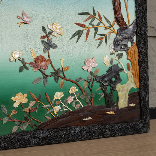 二十世纪 紫檀雕灵芝纹镶漆地百宝嵌花鸟纹挂屏（一对） 商品图3