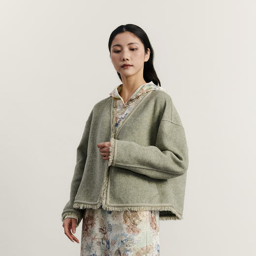 谜底短款毛呢外套女2023冬款复古文艺毛边宽松呢子大衣234MD1464 商品图1