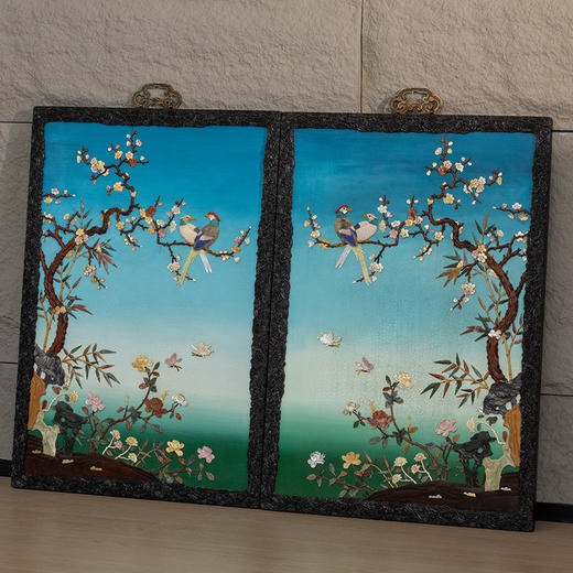 二十世纪 紫檀雕灵芝纹镶漆地百宝嵌花鸟纹挂屏（一对） 商品图4