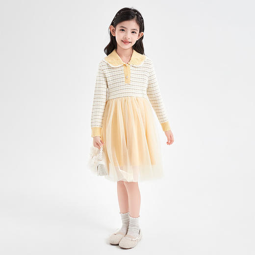 笛莎Deesha童装女童连衣裙2023冬季新款香风肌理毛织拼接连衣裙 商品图2