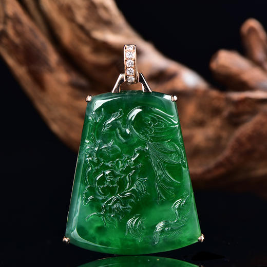 【凤戏牡丹】满绿翡翠无事牌    GZ12307070 商品图0