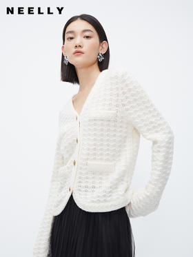 NEELLY纳俪商场同款白色奶fufu慵懒毛衣秋冬温柔别致绵羊毛针织衫N23101A01003
