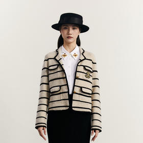 谜底针织开衫女2023冬新款复古文艺学院风条纹针织外套234MZ1881
