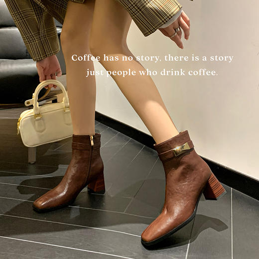 粗跟方头高跟，气质牛皮短靴QQJ-JZ-959 商品图1