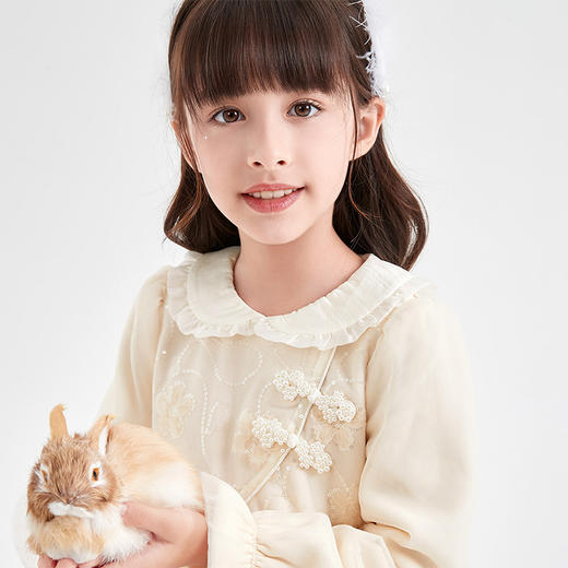笛莎Deesha 童装女童连衣裙2023冬季新款国风翻领网纱拼接裙 商品图3