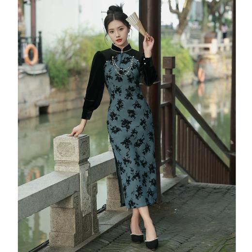 BJS-8602复古改良气质民国风丝绒旗袍 秋季新款日常新式显瘦旗袍裙8602 商品图2