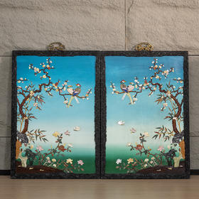 二十世纪 紫檀雕灵芝纹镶漆地百宝嵌花鸟纹挂屏（一对）