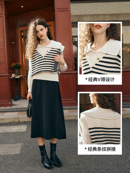 OLrain欧芮儿法式条纹V领马甲女秋装2023年新款宽松慵懒百搭背心 商品图2