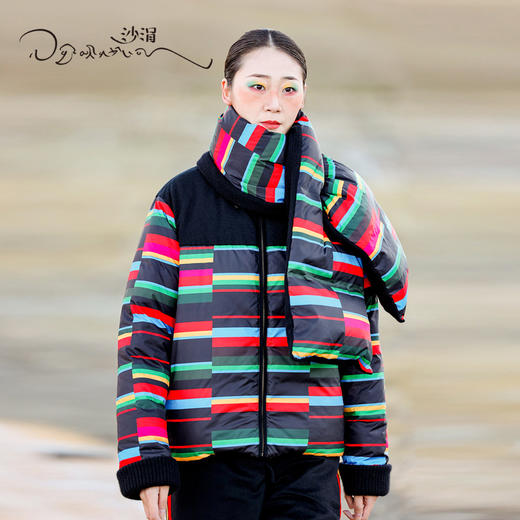 羊绒针梭相拼两面穿彩条鹅绒服SJF95W263W 商品图0