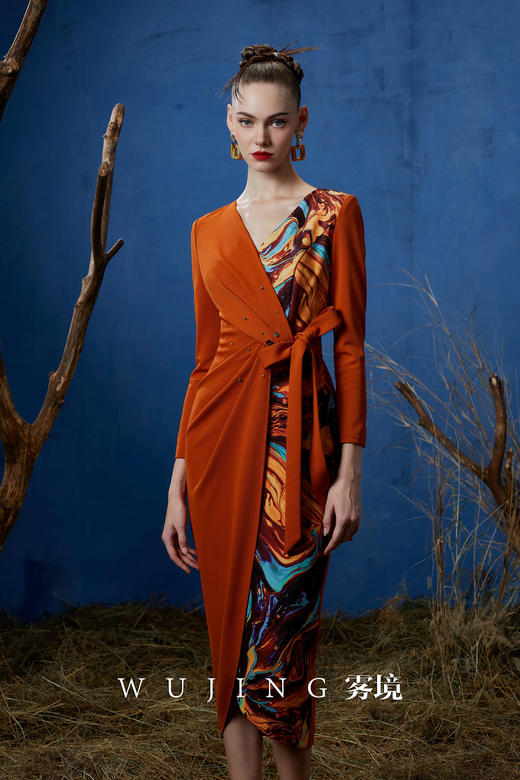 3203021 流光暖阳 弹力孔雀斜纹麻连衣裙 雾境 商品图0