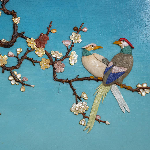 二十世纪 紫檀雕灵芝纹镶漆地百宝嵌花鸟纹挂屏（一对） 商品图2