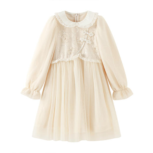 笛莎Deesha 童装女童连衣裙2023冬季新款国风翻领网纱拼接裙 商品图4