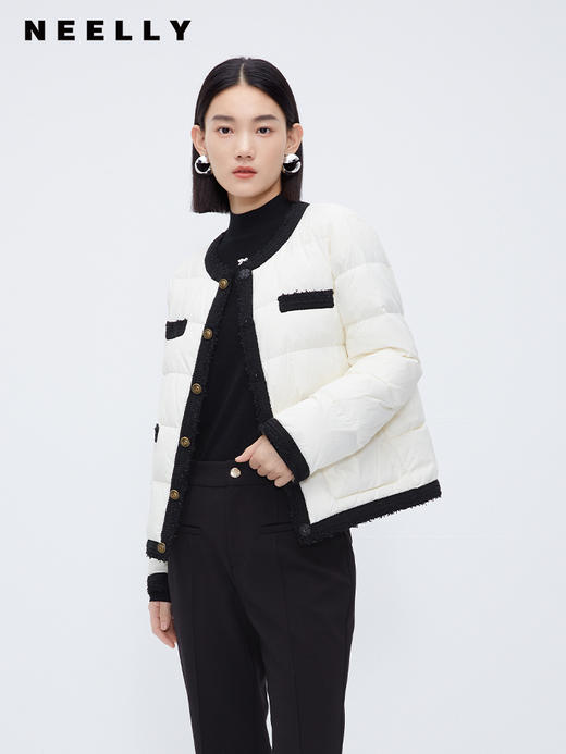 NEELLY纳俪商场同款小香风轻薄羽绒服冬季90白鸭绒黑白拼接短外套N23101L01017 商品图2