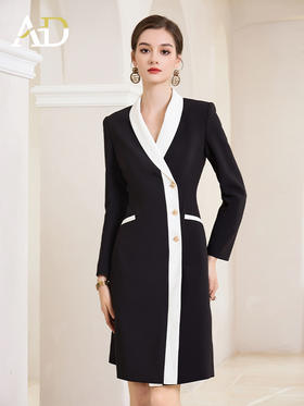 AD黑白撞色西装连衣裙女ol通勤白领职业装v领小香风正装长袖裙子