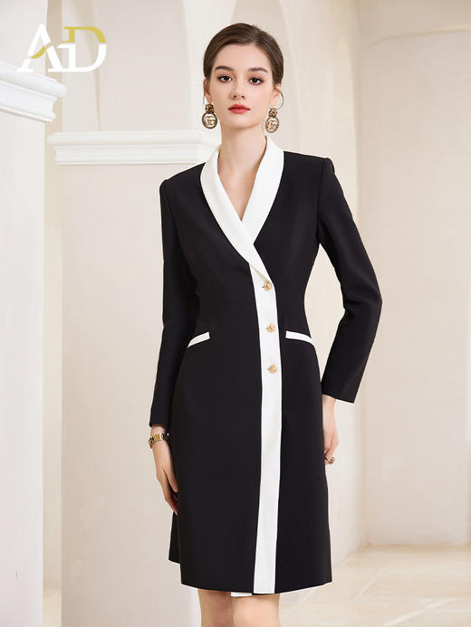 AD黑白撞色西装连衣裙女ol通勤白领职业装v领小香风正装长袖裙子 商品图0