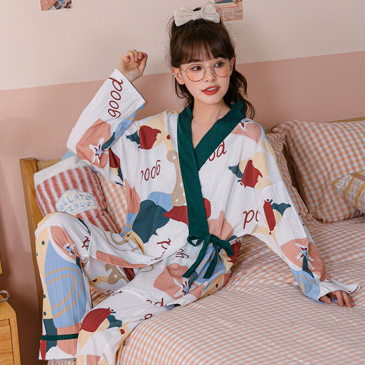 秋冬季【萌系长袖睡衣套装】 韩版系带家居服 舒适棉质  多款图案可选 商品图2