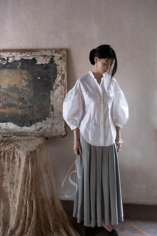 Ashlyn 霜灰色MERYL宽褶羊毛长半裙 商品图2