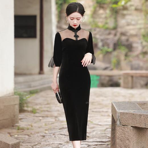 BJS-8005改良复古丝绒旗袍长款 秋季新款气质民国风显瘦丝绒旗袍裙8005 商品图1