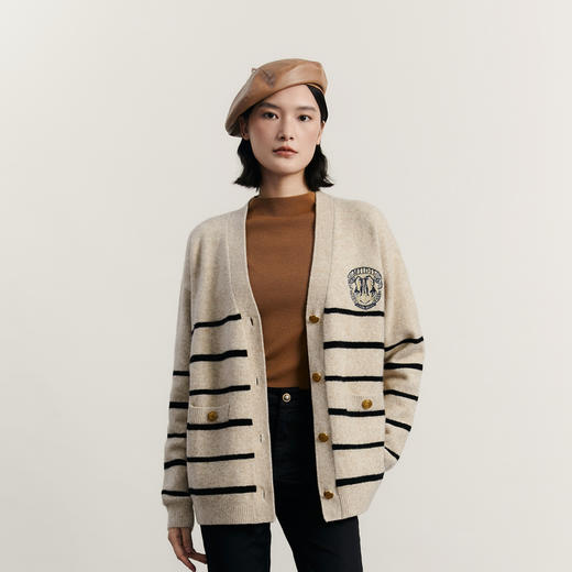 谜底条纹针织开衫女2023冬新款学院风百搭中长款针织衫234MZ1855 商品图0