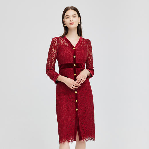 NG850斯尔丽2023秋季新款法式优雅拼接丝绒小香风感蕾丝连衣裙 商品图0