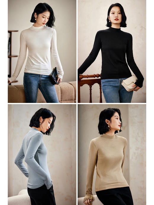 轻奢定制 黑科技自发热羊绒百搭修身长袖T恤女秋季半高领打底衫 商品图0