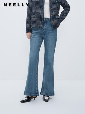 NEELLY纳俪商场同款秋季复古时髦牛仔裤女修身百搭微喇裤美式长裤N23101H01027