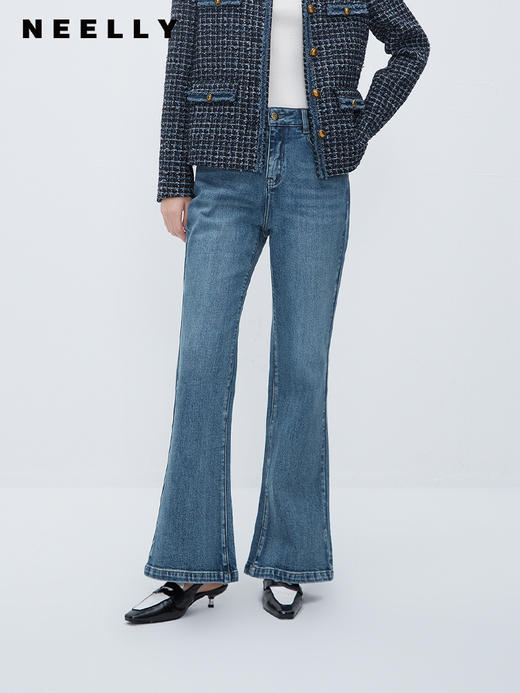 NEELLY纳俪商场同款秋季复古时髦牛仔裤女修身百搭微喇裤美式长裤N23101H01027 商品图0