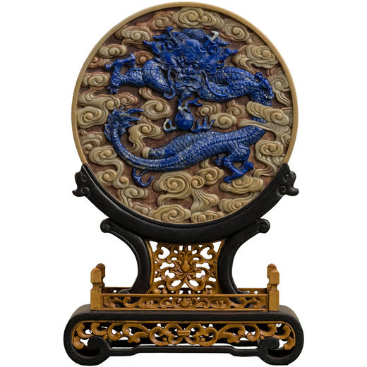 二十世纪 红木黄杨座祁阳石嵌青金石屏芯云龙纹圆形插屏 商品图5