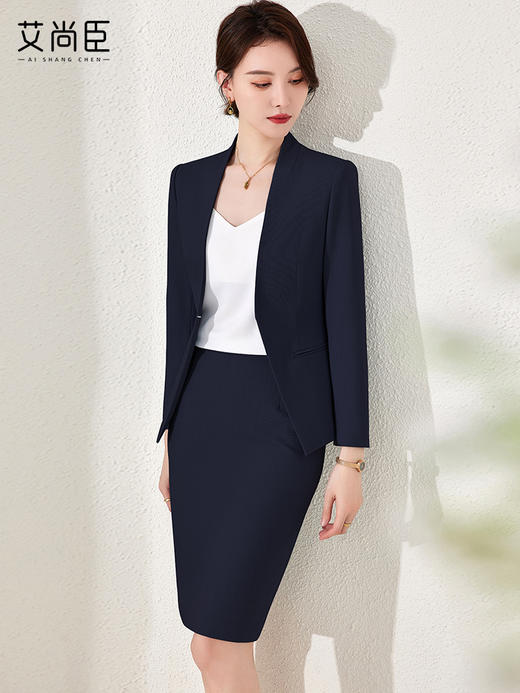 艾尚臣藏青色西装套裙气质女神范高端酒店前台接待职业工作服套装 商品图1