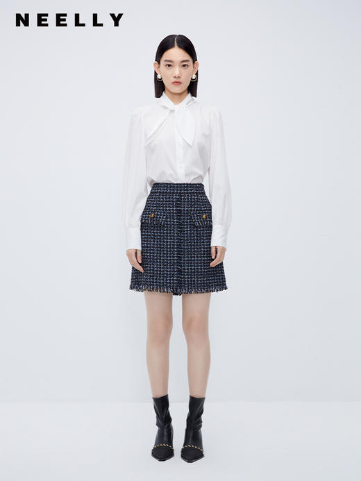 NEELLY纳俪商场同款牛仔撞色小香风半身裙女千鸟格高腰A字裙 短裙N23101E01022 商品图2