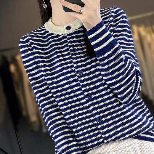 撞色条纹软糯针织上衣女2023年秋季新款甜美减龄短款毛衣开衫 商品图4