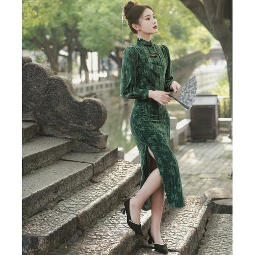 BJS-8008改良气质复古丝绒旗袍长款 秋季新款民国风日常丝绒旗袍裙8008 商品图2