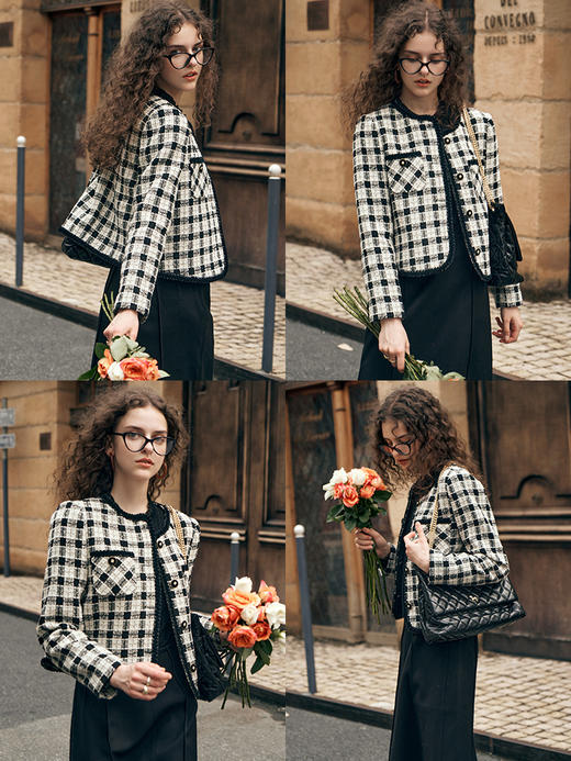 OLrain欧芮儿黑白格小香风短外套女秋装2023新款气质时尚减龄上衣 商品图1