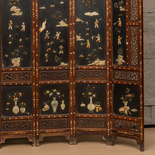 清 红木嵌螺钿镶漆地百宝嵌婴戏图八扇围屏 商品图3