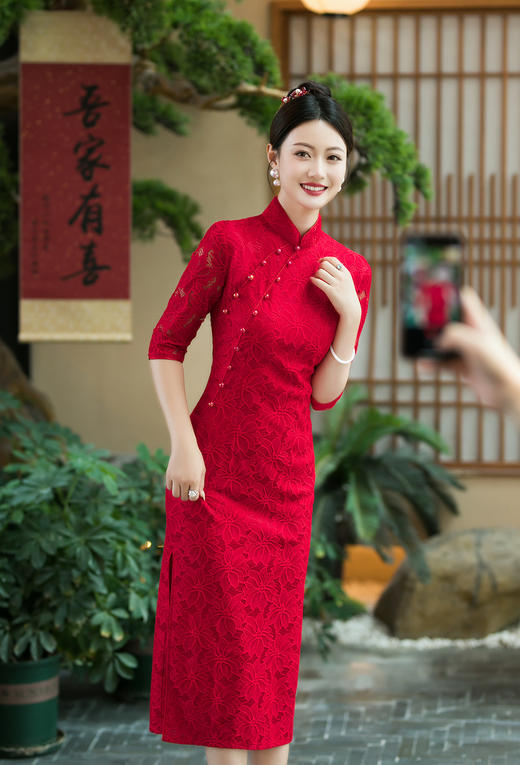 MYF 15扣蕾丝蕾丝旗袍中式结婚连衣裙走秀旗袍 商品图2