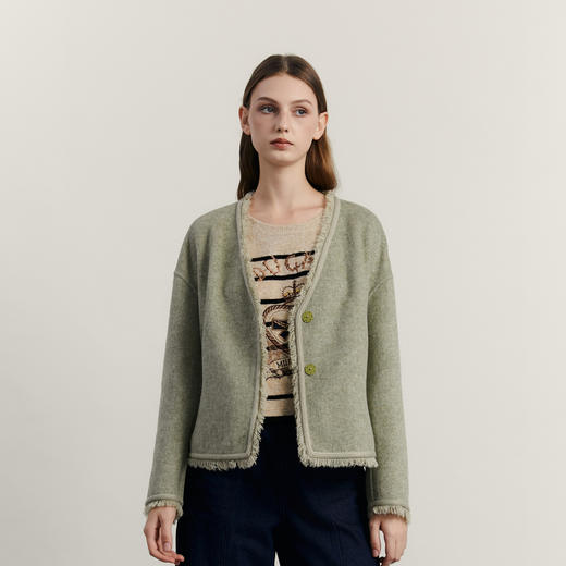 谜底短款毛呢外套女2023冬款复古文艺毛边宽松呢子大衣234MD1464 商品图0